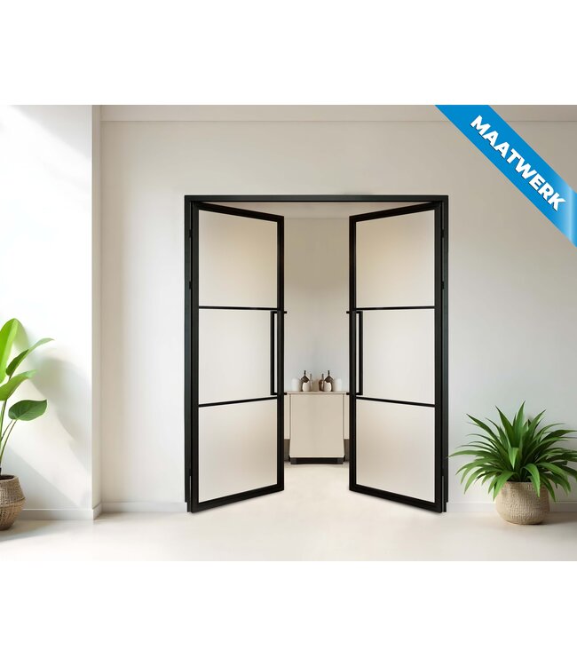 Dubbele stalen Binnendeur - Zwart - 3 Vlaks - Maatwerk - Rook glas