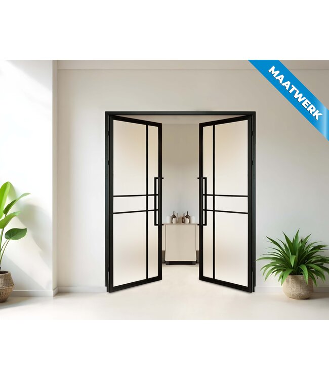 Dubbele stalen Binnendeur - Zwart - 6 Vlaks - Maatwerk - Mat glas