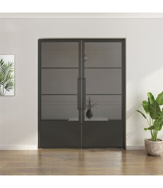Dubbele stalen taatsdeur - 3 Vlaks met kickplate  - Rook glas Dubbele stalen taatsdeur - 3 Vlaks met kickplate  - Rook glas