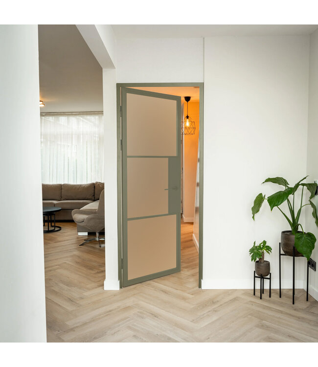 Stalen Binnendeur - 3 Vlaks - Olijfgroen - Mat glas - Met slot