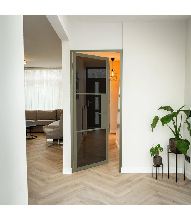 Stalen Binnendeur - 3 Vlaks - Olijfgroen - Rook glas - Met slot