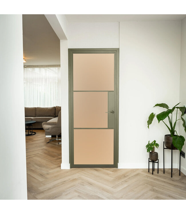 Stalen Binnendeur - 3 Vlaks - Olijfgroen - Rook glas - Met slot