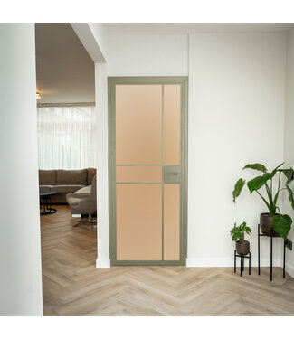 Stalen Binnendeur - 6 Vlaks - Olijfgroen - Mat glas - Met slot Stalen Binnendeur - 6 Vlaks - Olijfgroen - Mat glas - Met slot