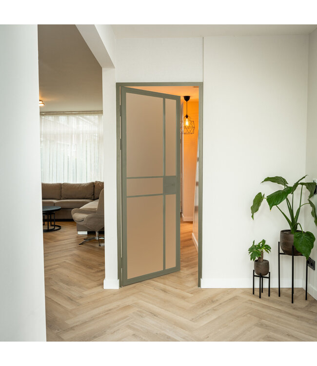 Stalen Binnendeur - 6 Vlaks - Olijfgroen - Mat glas - Met slot