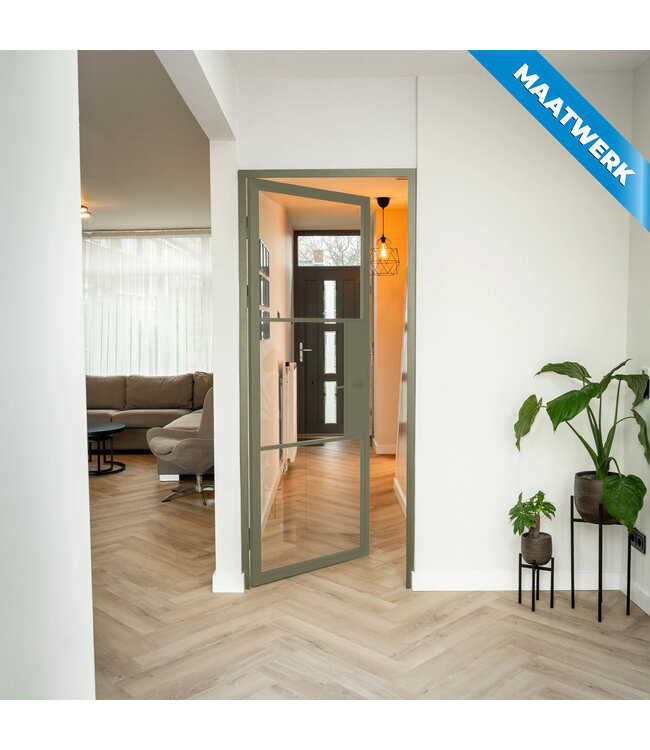 Stalen Binnendeur - 3 Vlaks - Maatwerk - Olijfgroen - Helder glas - Met slot