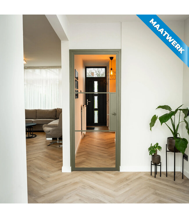 Stalen Binnendeur - 3 Vlaks - Maatwerk - Olijfgroen - Helder glas - Met slot