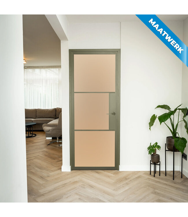 Stalen Binnendeur - 3 Vlaks - Maatwerk - Olijfgroen - Helder glas - Met slot