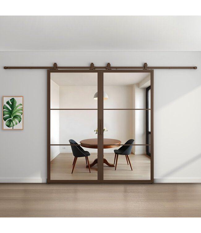Dubbele stalen schuifdeur - 3 Vlaks - Brons - Mat glas