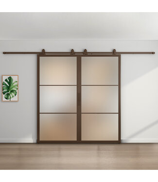 Dubbele stalen schuifdeur - 3 Vlaks - Brons - Mat glas Dubbele stalen schuifdeur - 3 Vlaks - Brons - Mat glas