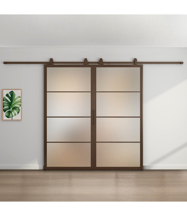 Dubbele stalen schuifdeur - 4 Vlaks - Brons - Rook glas