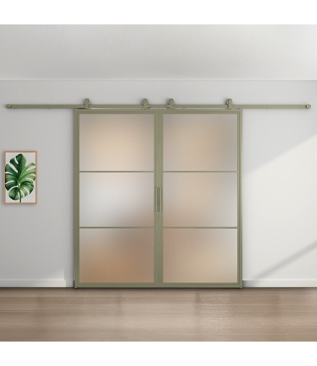 Dubbele stalen schuifdeur - 3 Vlaks - Olijfgroen - Helder glas