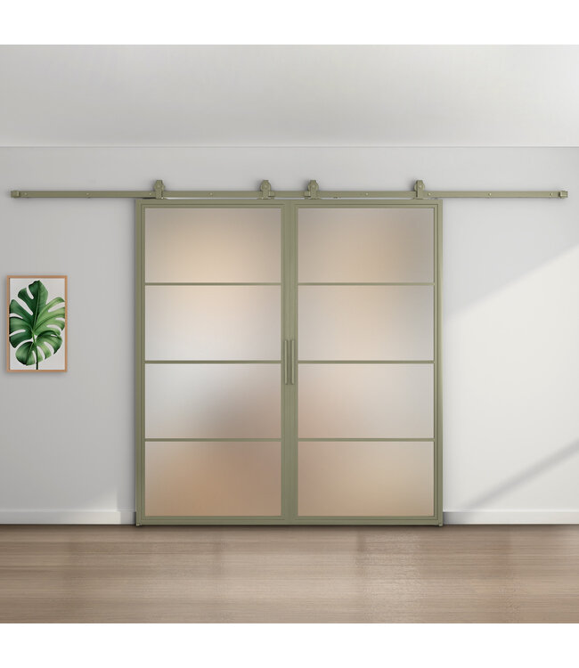 Dubbele stalen schuifdeur - 4 Vlaks - Olijfgroen - Helder glas