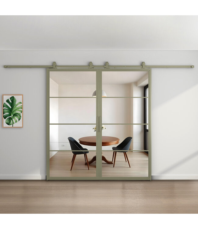 Dubbele stalen schuifdeur - 4 Vlaks - Olijfgroen - Helder glas