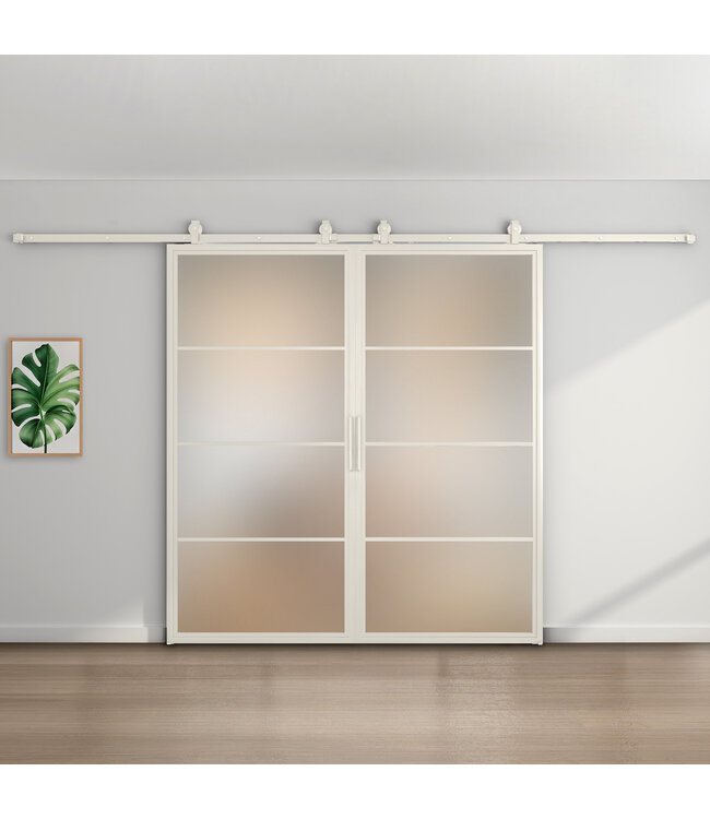Dubbele stalen schuifdeur - 4 Vlaks - Wit - Mat glas
