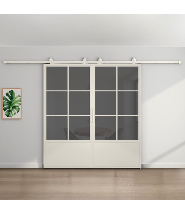 Dubbele stalen schuifdeur - 6 Vlaks met kickplate - Wit - Helder glas