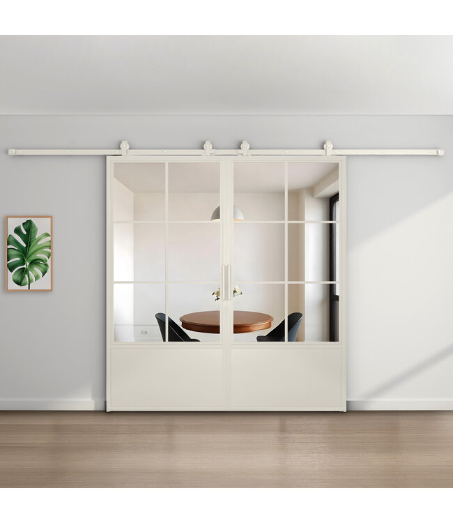 Dubbele stalen schuifdeur - 6 Vlaks met kickplate - Wit - Helder glas