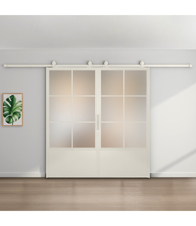 Dubbele stalen schuifdeur - 6 Vlaks met kickplate - Wit - Helder glas