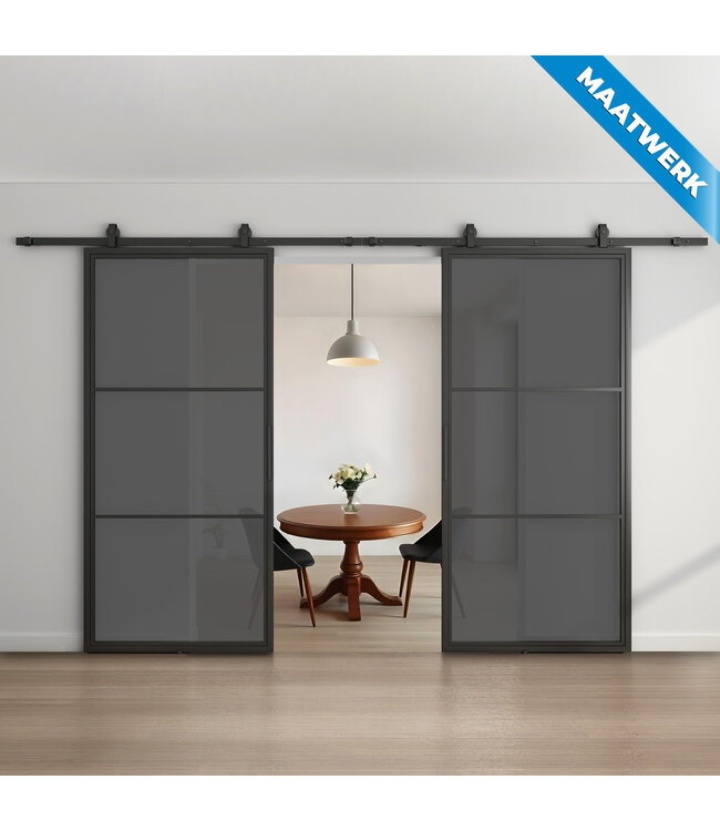 Dubbele stalen Schuifdeuren - Zwart- 3 Vlaks - Maatwerk - Rook glas
