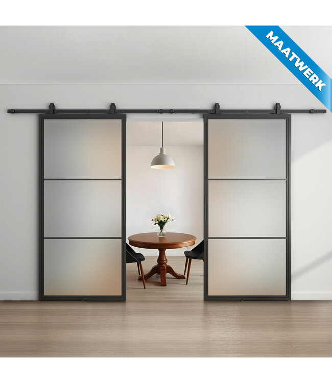Dubbele stalen Schuifdeuren - 3 Vlaks - Maatwerk - Mat glas