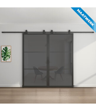 Dubbele stalen Schuifdeuren - Zwart - 3 Vlaks - Maatwerk - Rook glas