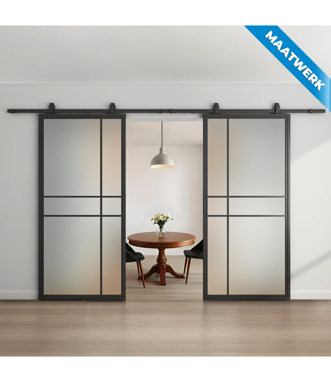 Dubbele stalen Schuifdeuren - Zwart - 6 Vlaks - Maatwerk - Luxe design - Helder glas