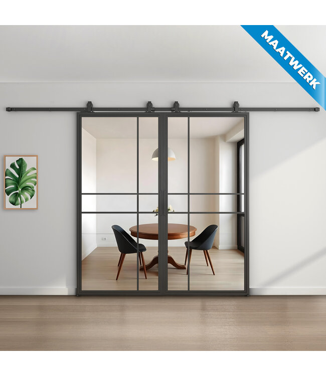 Dubbele stalen Schuifdeuren -  Zwart - 6 Vlaks - Maatwerk - Luxe design - Rook glas