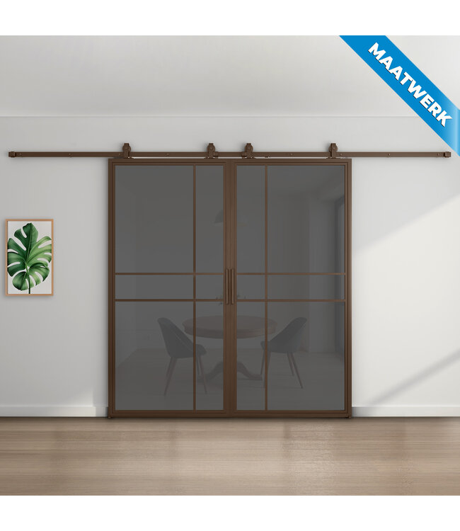 Dubbele stalen Schuifdeuren - 6 Vlaks - Brons - Maatwerk - Luxe design - Rook glas