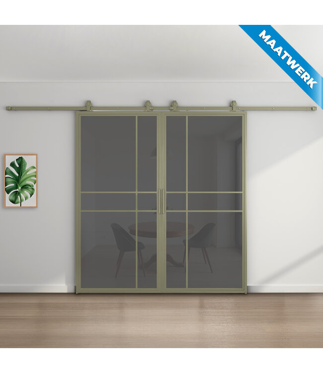 Dubbele stalen Schuifdeuren - 6 Vlaks - Olijfgroen - Maatwerk - Luxe design - Mat glas