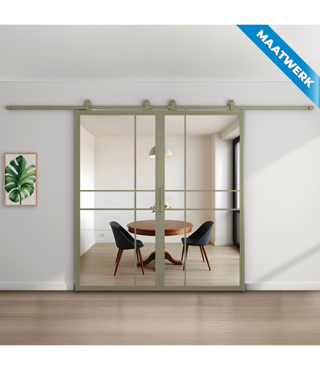 Dubbele stalen Schuifdeuren - 6 Vlaks - Olijfgroen - Maatwerk - Luxe design - Mat glas