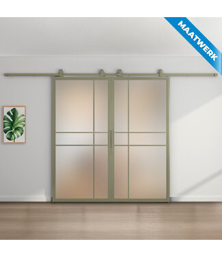 Dubbele stalen Schuifdeuren - 6 Vlaks - Olijfgroen - Maatwerk - Luxe design - Mat glas