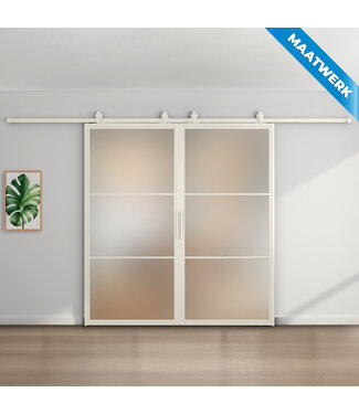 Dubbele stalen Schuifdeuren - 3 Vlaks - Wit - Maatwerk - Mat glas