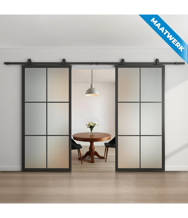 Dubbele stalen Schuifdeuren - Zwart - 6 Vlaks - Maatwerk - Mat glas
