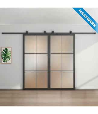 Dubbele stalen Schuifdeuren - Zwart - 6 Vlaks - Maatwerk - Mat glas