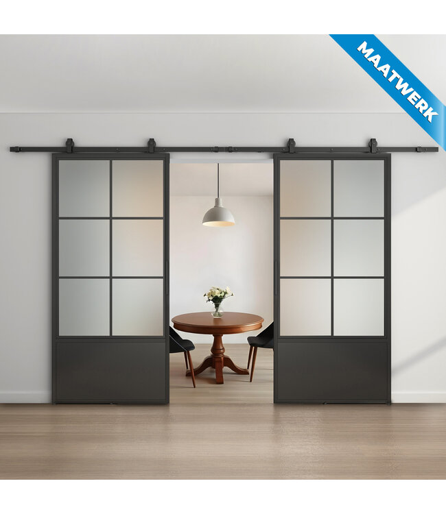 Dubbele stalen Schuifdeuren - 6 Vlaks met kickplate - Maatwerk - Rook glas