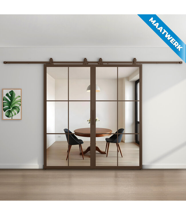 Dubbele stalen Schuifdeuren - 6 Vlaks - Brons - Maatwerk - Rook glas