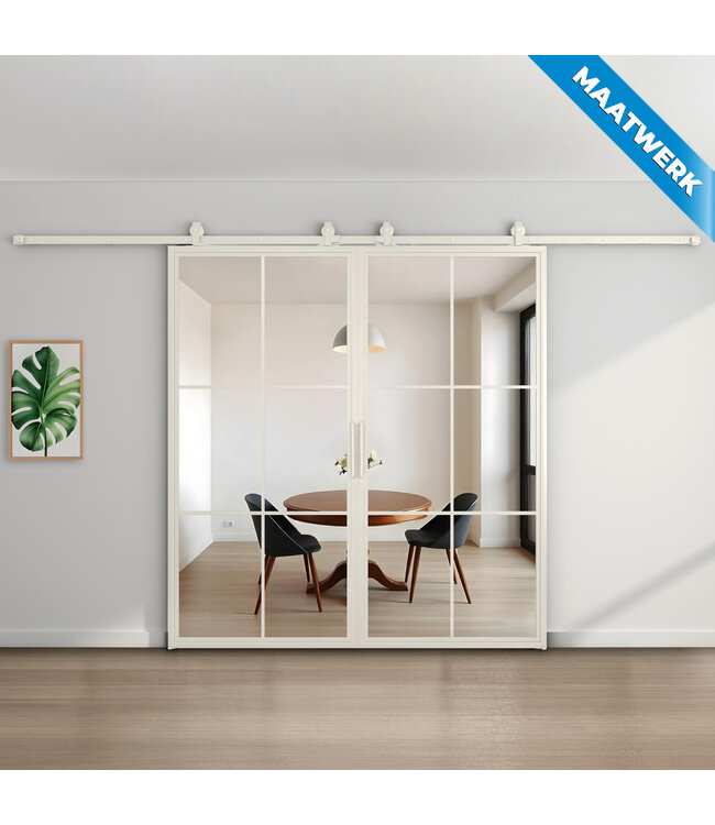 Dubbele stalen Schuifdeuren - 6 Vlaks - Wit - Maatwerk - Mat glas