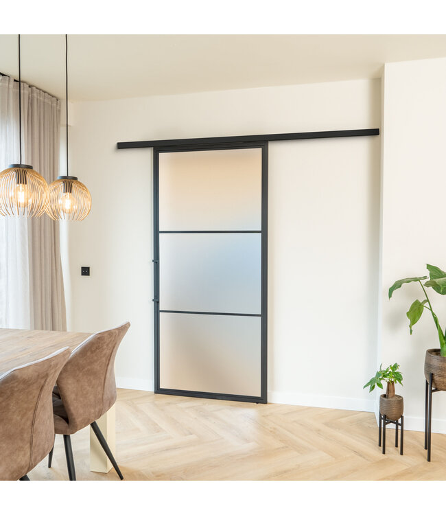 Stalen Schuifdeur met koofsysteem - Zwart- 3 Vlaks - Helder glas