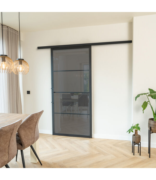 Stalen Schuifdeur met koofsysteem - Zwart - 4 Vlaks - Helder glas