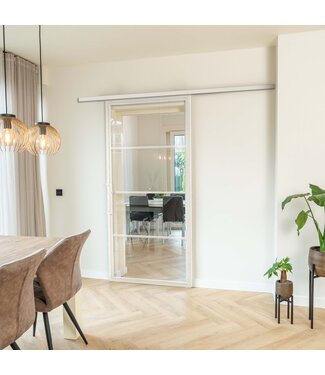 Stalen Schuifdeur met koofsysteem - 4 Vlaks - Wit - Helder glas Stalen Schuifdeur met koofsysteem - 4 Vlaks - Wit - Helder glas
