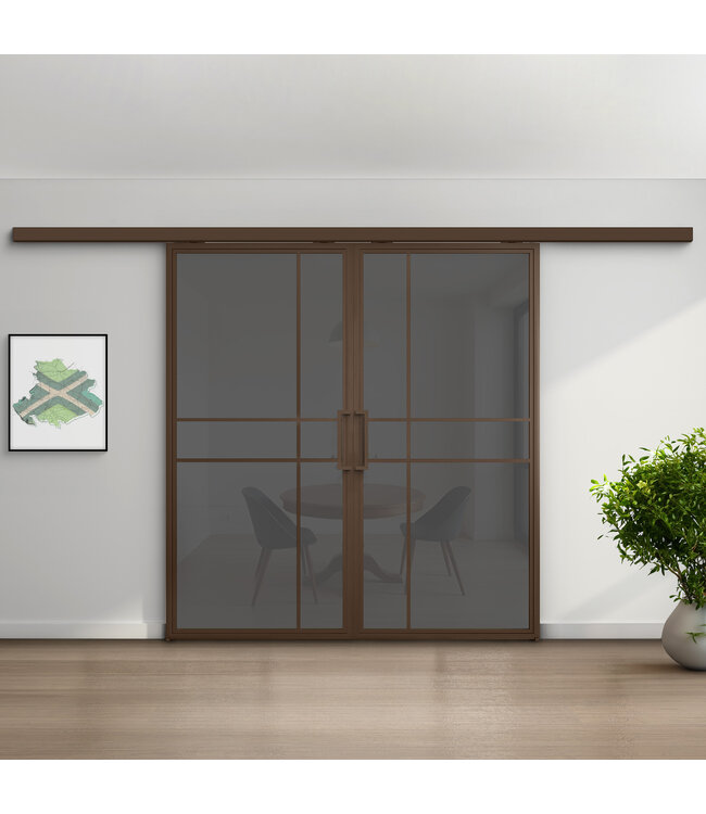 Dubbele stalen schuifdeur met koofsysteem - 6 Vlaks - Brons - Mat glas - Luxe design