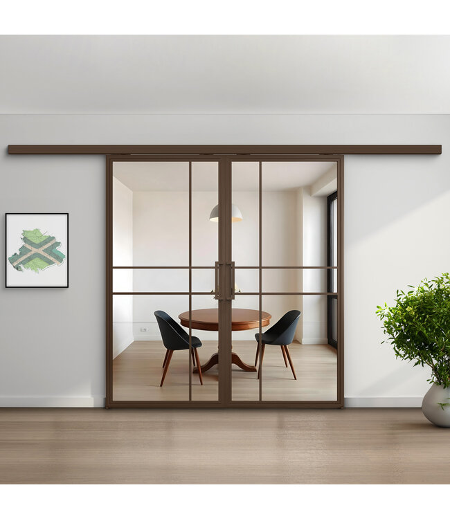 Dubbele stalen schuifdeur met koofsysteem - 6 Vlaks - Brons - Mat glas - Luxe design