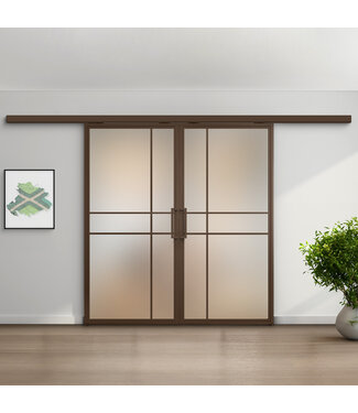 Dubbele stalen schuifdeur met koofsysteem - 6 Vlaks - Brons - Mat glas - Luxe design Dubbele stalen schuifdeur met koofsysteem - 6 Vlaks - Brons - Mat glas - Luxe design