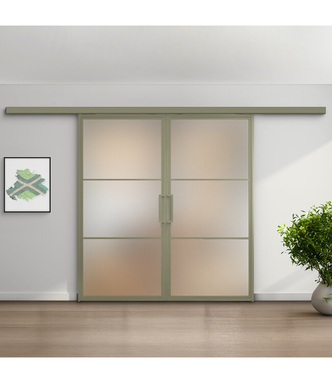 Dubbele stalen schuifdeur met koofsysteem - 3 Vlaks - Olijfgroen - Rook glas