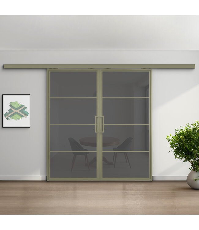 Dubbele stalen schuifdeur met koofsysteem - 4 Vlaks - Olijfgroen - Mat glas