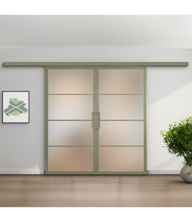 Dubbele stalen schuifdeur met koofsysteem - 4 Vlaks - Olijfgroen - Mat glas