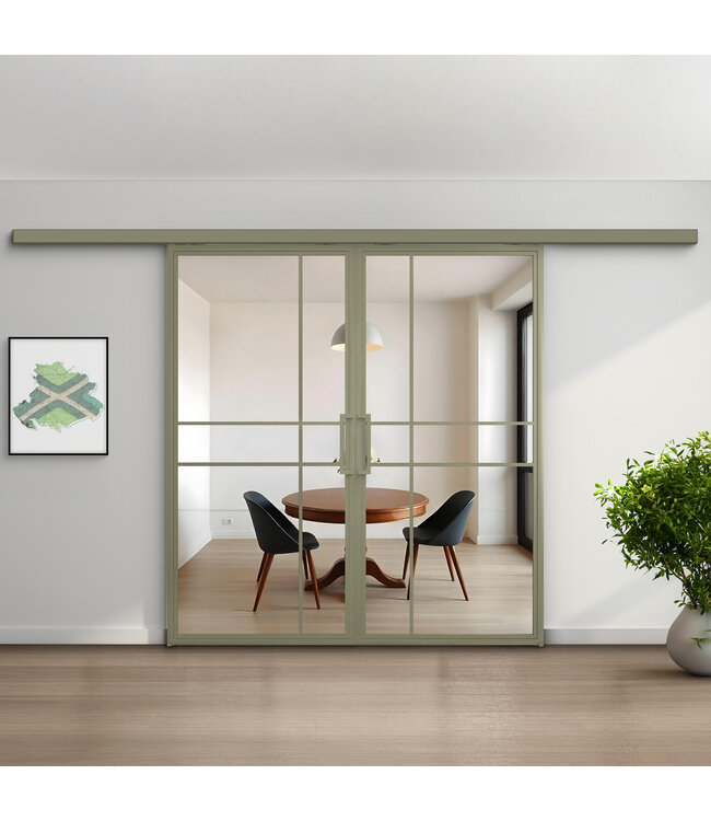 Dubbele stalen schuifdeur met koofsysteem - 6 Vlaks - Olijfgroen - Helder glas - Luxe design