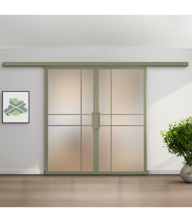 Dubbele stalen schuifdeur met koofsysteem - 6 Vlaks - Olijfgroen - Helder glas - Luxe design