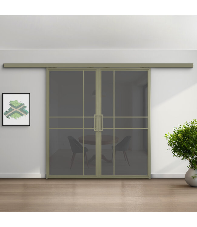 Dubbele stalen schuifdeur met koofsysteem - 6 Vlaks - Olijfgroen - Helder glas - Luxe design
