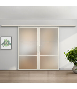 Dubbele stalen schuifdeur met koofsysteem - 3 Vlaks - Wit - Mat glas Dubbele stalen schuifdeur met koofsysteem - 3 Vlaks - Wit - Mat glas