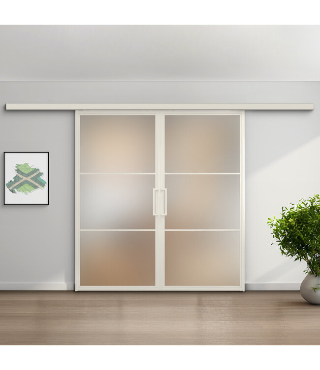 Dubbele stalen schuifdeur met koofsysteem - 3 Vlaks - Wit - Mat glas